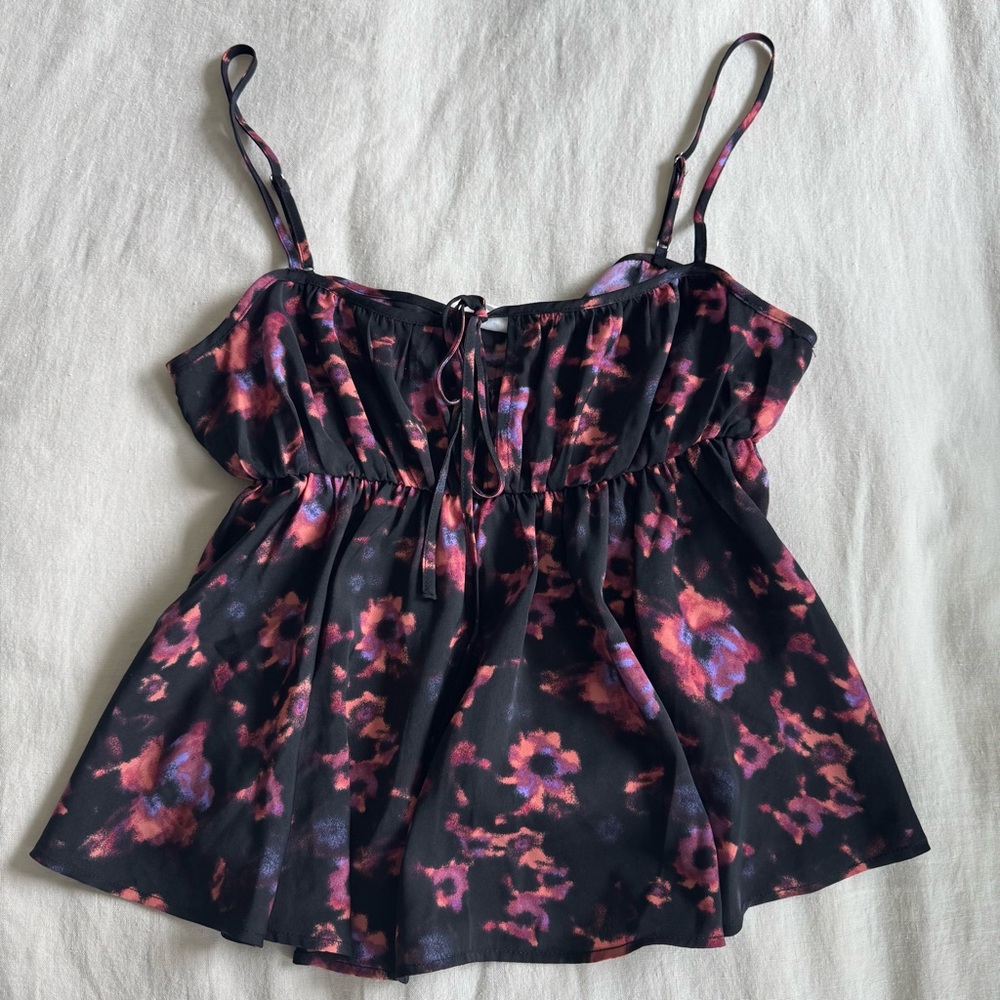 Melrose and Market Black and Pink Floral Ruched Tie Front Camisole